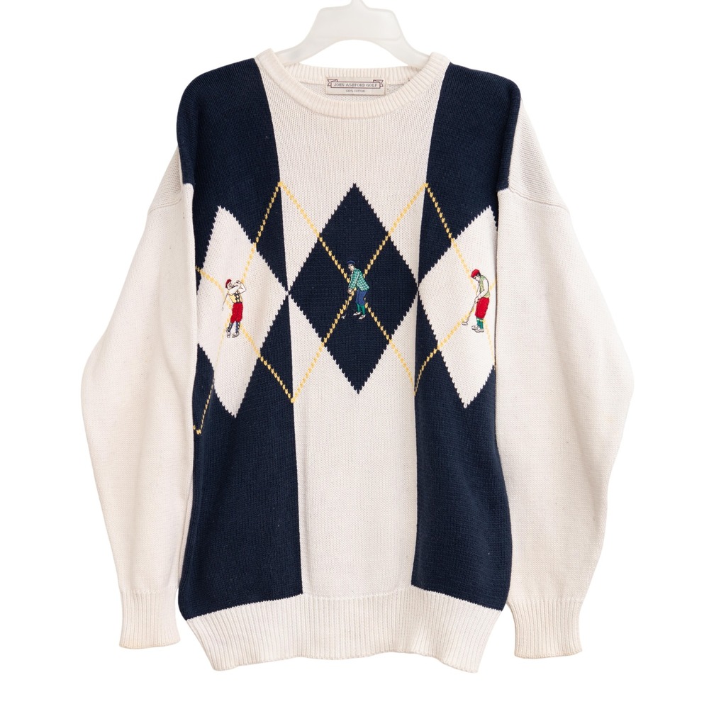 VTG Argyle Golf Sweater Sz M Embroidered Crewneck Sweater Old Money GolfCore
